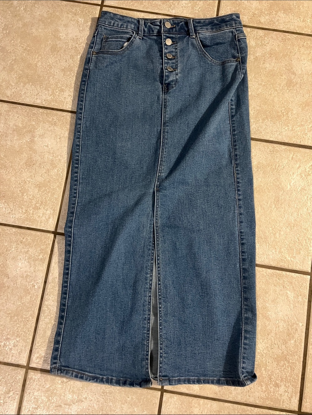 Oat New York Midi Denim Skirt in Blue with Front Slit